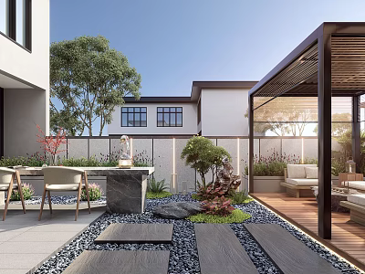 Stylish Courtyard Garden Design With Wooden Pergola Outdoor Furniture Stone Paving And Green Plants 3d model