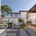 Stylish Courtyard Garden Design With Wooden Pergola Outdoor Furniture Stone Paving And Green Plants
