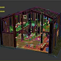 Cartoon Scene of Wooden House Interior with Two Story Loft Fireplace and Cozy Furniture Decor