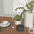 Modern Decorative Ornament Set with Green Plants White Pots and Tabletop Accessories