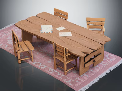 Wooden Long Table and Chairs Set with Papers on Top Placed on Pink Carpet 3d model