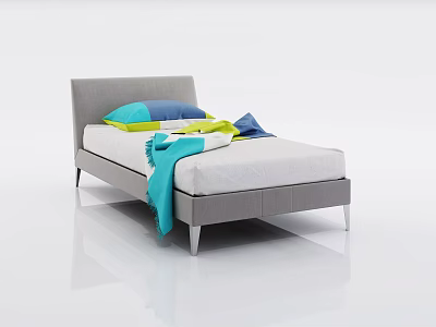 Single Bed With Gray Headboard White Mattress Metal Legs Blue Green Pillows And Blue Blanket 3d model