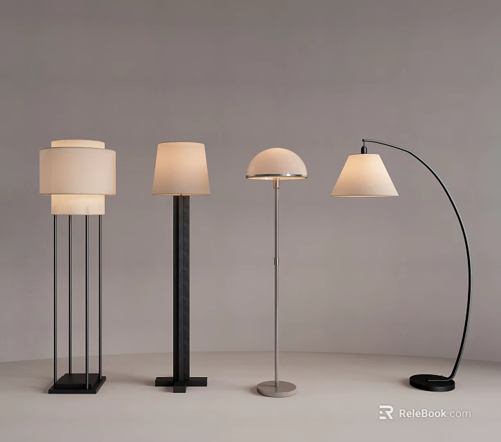 Modern Floor Lamps In Various Styles With Different Shades And Metal Bases 3d model 