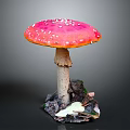 Red Mushroom Pink Cap With White Spots Light Stem Surrounded By Dead Leaves Soil