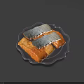 Gray Fish Fillets With Black Edges And Orange Toasted Bread On Black Plate