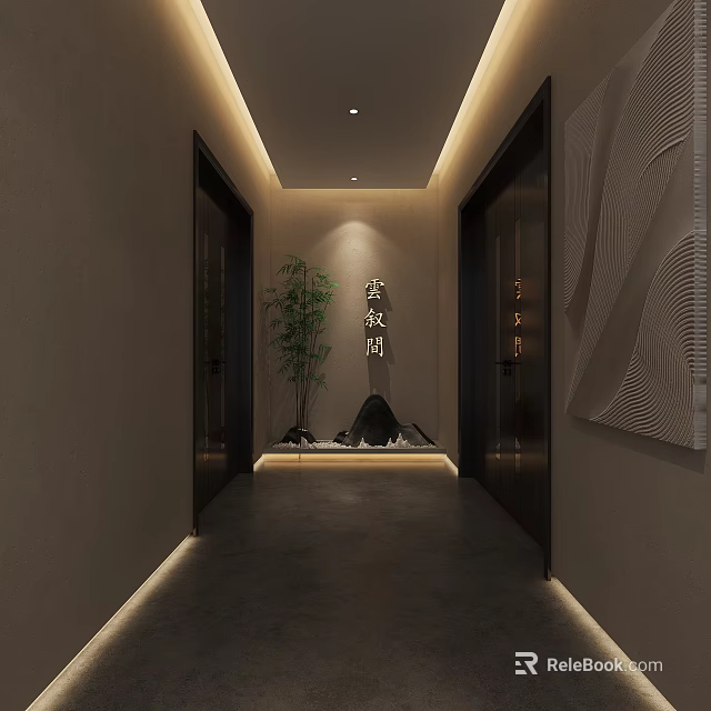 Serene Elevator Hallway With Side Doors Central Bamboo Stones Wall Texture Art And Ceiling Lighting 3d model 
