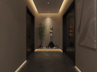 Serene Elevator Hallway With Side Doors Central Bamboo Stones Wall Texture Art And Ceiling Lighting 3d model