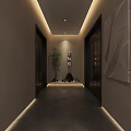 Serene Elevator Hallway With Side Doors Central Bamboo Stones Wall Texture Art And Ceiling Lighting