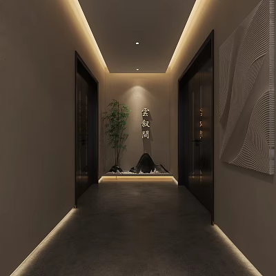 Serene Elevator Hallway With Side Doors Central Bamboo Stones Wall Texture Art And Ceiling Lighting 3d model