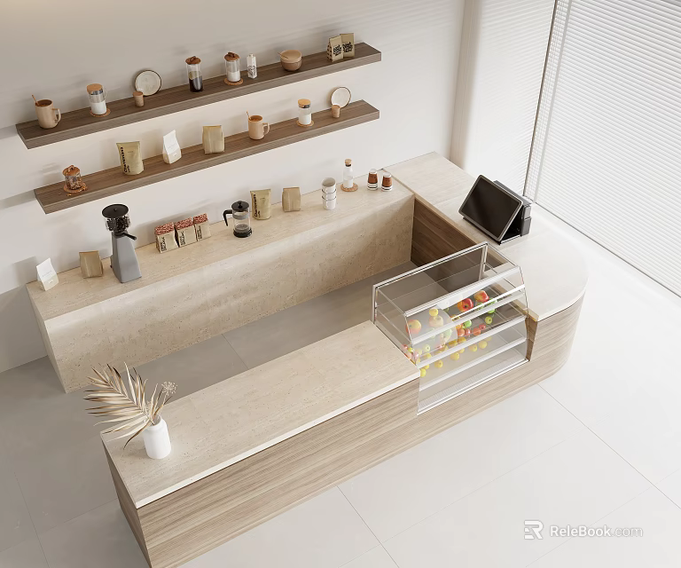 Modern Bar Counter Interior With Shelves Jars Cups And Transparent Display Fridge 3d model 