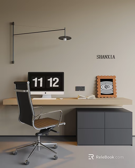 Modern Desk With Computer Monitor Open Book Decorative Painting And Black Chair 3d model 