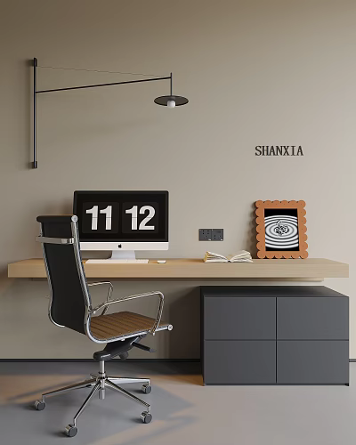 Modern Desk With Computer Monitor Open Book Decorative Painting And Black Chair 3d model