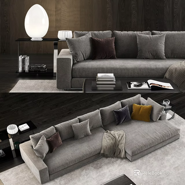 Modern Gray Sectional Sofa With Multiple Cushions Coffee Table And Area Rug 3d model