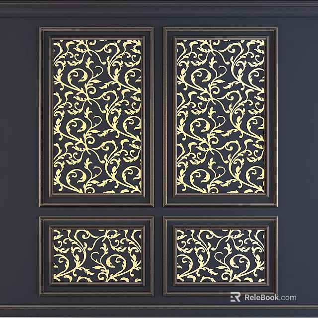 Intricate Golden Carving On Dark Decorative Panels With Scroll Patterns And Frames 3d model