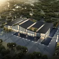 Modern Building Exterior View With Glass Curtain Walls Water Pool Cherry Blossoms And Plaza