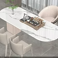 Modern Oval Marble Tea Table with Beige Chairs Tea Set Tray Cups Green Plant Curtains