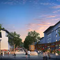 Vibrant Sunset Commercial Street With Traditional Modern Buildings Pedestrians Trees Red Umbrellas And Outdoor Seating