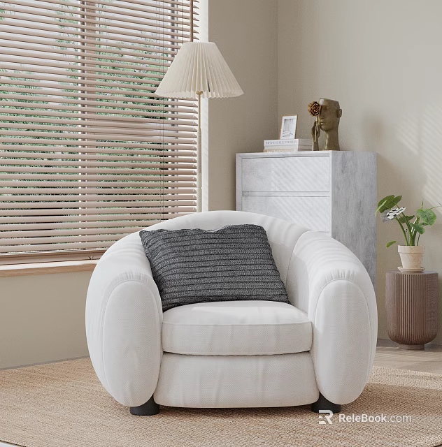 White Single Sofa Featuring Gray Striped Cushion By Window Blinds And Cabinet 3d model