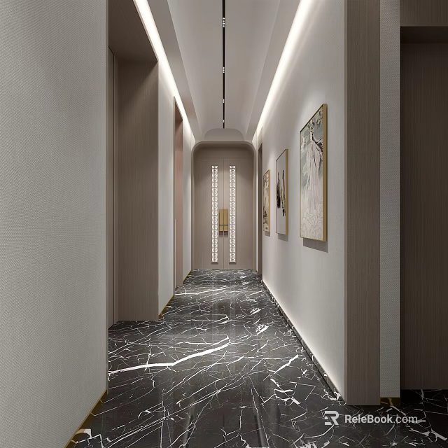 Modern Elevator Hallway With Polished Black Marble Floor Wall Art Paintings And Recessed Lighting 3d model 
