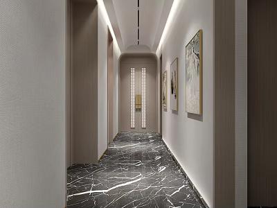 Modern Elevator Hallway With Polished Black Marble Floor Wall Art Paintings And Recessed Lighting 3d model