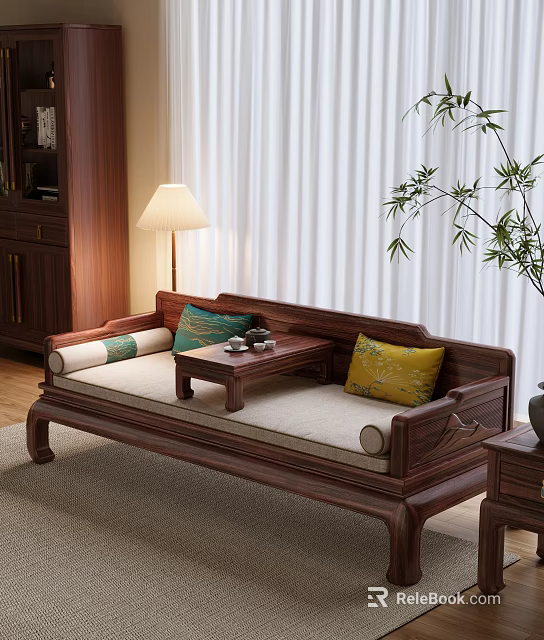 Traditional Chinese Wooden Luohan Bed With Decorative Pillows Small Tea Table And Bamboo Plant 3d model 