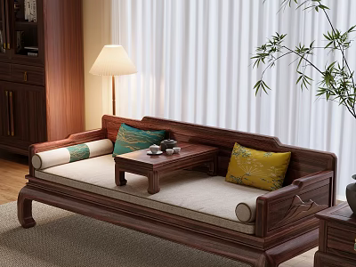 Traditional Chinese Wooden Luohan Bed With Decorative Pillows Small Tea Table And Bamboo Plant 3d model