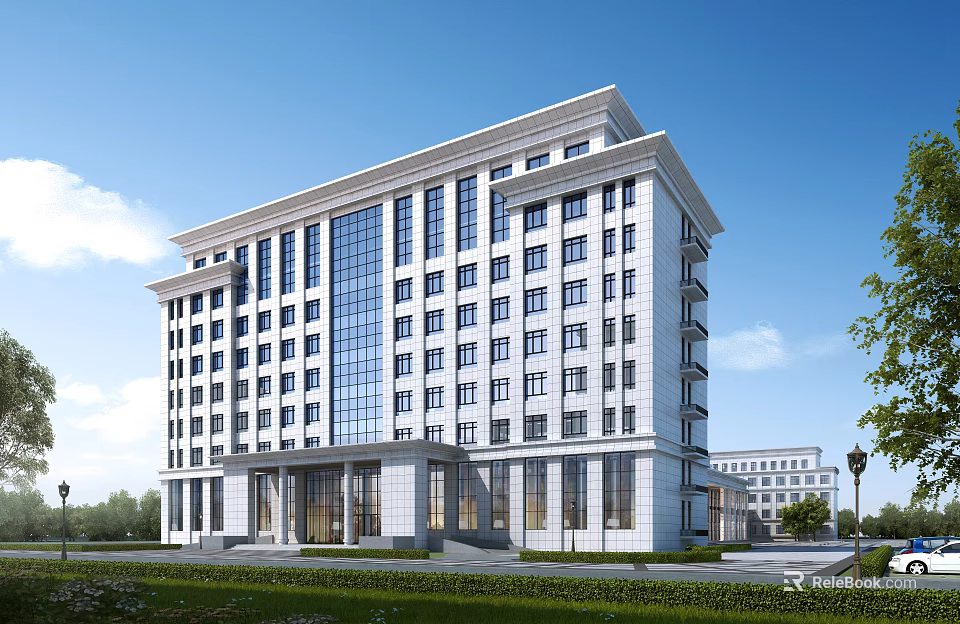 Modern Office Building With White Exterior Large Glass Windows And Green Landscaping 3d model 