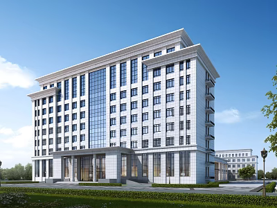 Modern Office Building With White Exterior Large Glass Windows And Green Landscaping 3d model