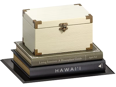 Stacked Books With Decorative Wooden Box Brass Accents And Lock Design 3d model