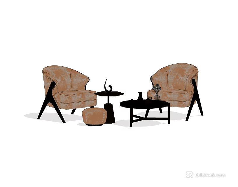 Comfortable Leisure Sofa Set With Two Armchairs Coffee Table And Ottoman 3d model