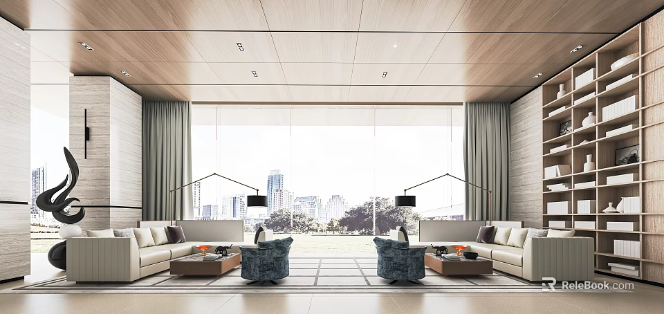 Modern Leisure Area Interior Design With Large Windows City Park View And Beige Sofas 3d model