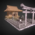 Traditional Ancient Architecture Featuring Torii Gate Wooden Pavilion Tiled Roof Stone Railings and Lanterns