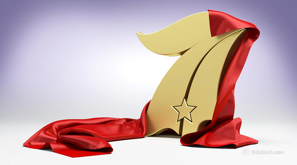 Golden Number 7 Decorative Ornament Set with Red Silk Fabric and Star Design 3d model 
