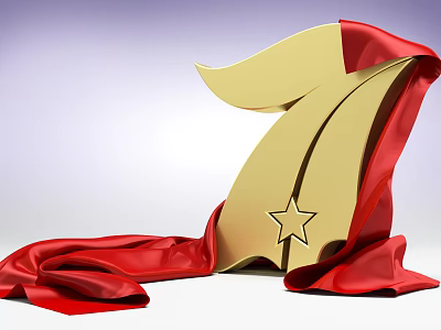 Golden Number 7 Decorative Ornament Set with Red Silk Fabric and Star Design 3d model