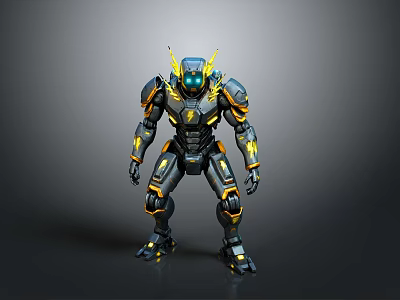 Futuristic Black And Yellow Mechanical Character With Glowing Blue Eyes And Armor 3d model