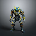 Futuristic Black And Yellow Mechanical Character With Glowing Blue Eyes And Armor