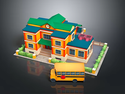 Scenic Two Story Building with Green Roof Orange Walls Yellow School Bus and Green Shrubs 3d model