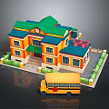 Scenic Two Story Building with Green Roof Orange Walls Yellow School Bus and Green Shrubs