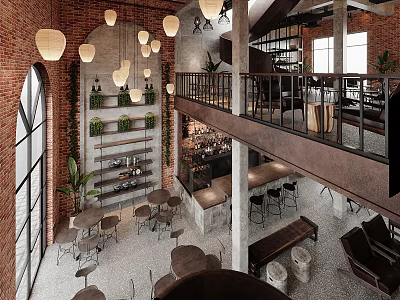 Industrial Two Story Café Interior With Brick Walls Arched Windows Hanging Lamps And Green Plants 3d model