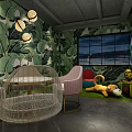 Living Plant Wall Decor In Modern Restaurant Interior With Wooden Elements And Pendant Lights