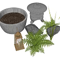 Natural Style Decorative Ornament Set with Stone Basin Metal Lantern Fern Plants and Rocks