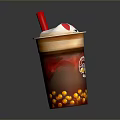Bubble Tea Cup With Tapioca Pearls Cream Topping And Red Straw