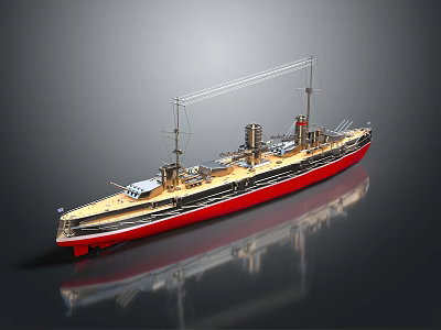 Vintage Water Transport Model Ship With Red Hull Wooden Deck Tall Masts And Chimneys 3d model