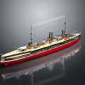 Vintage Water Transport Model Ship With Red Hull Wooden Deck Tall Masts And Chimneys