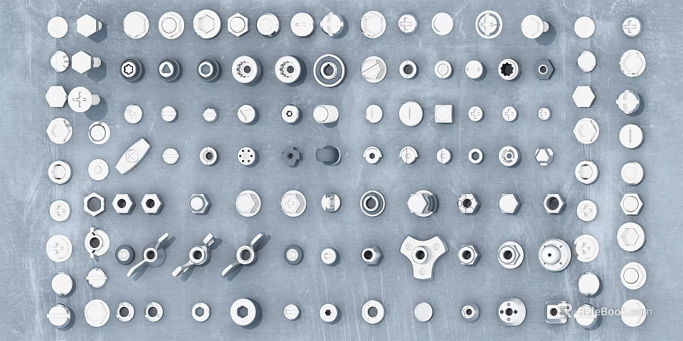 Assorted Hardware Tools and Parts Bolts Nuts Washers and Metal Fittings Arranged on Gray Background 3d model 