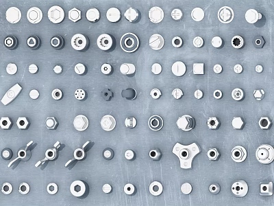 Assorted Hardware Tools and Parts Bolts Nuts Washers and Metal Fittings Arranged on Gray Background 3d model