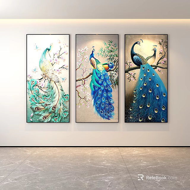 Three Colorful Peacock Paintings As Wall Decor 3d model 
