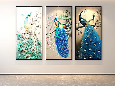 Three Colorful Peacock Paintings As Wall Decor 3d model