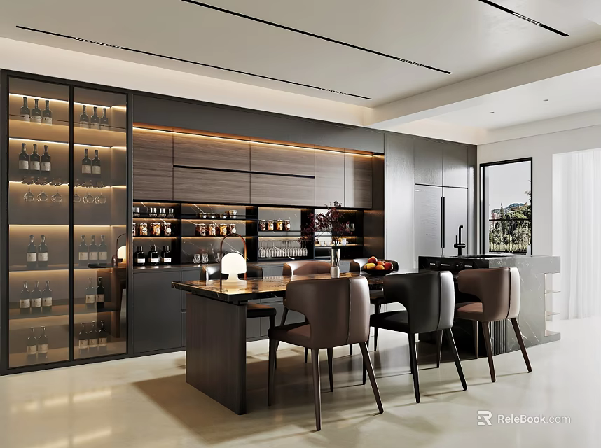 Modern Restaurant Interior Design With Glass Wine Cabinets Dark Wood Dining Table And Leather Chairs 3d model 