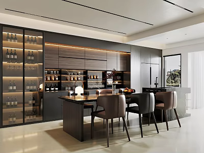 Modern Restaurant Interior Design With Glass Wine Cabinets Dark Wood Dining Table And Leather Chairs 3d model